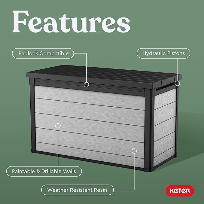 Keter Denali 200 Gallon Resin Large Deck Box with Double Wall 20mm Panels - Paintable and Drillable-Organization and Storage for Patio Furniture and Outdoor Items, Grey & Black-VerdiqueGarden