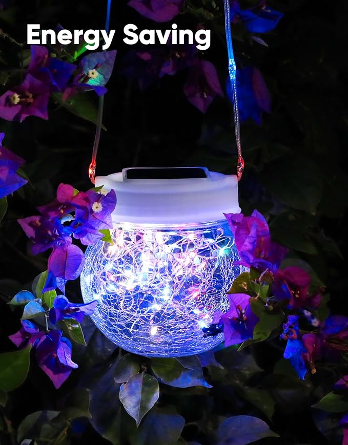 Solar Lantern Solar Lights Outdoor Waterproof 2-Pack, Solar Powered Hanging Lights Cracked Glass Hanging Globes for Christmas Decoration, Shepherd Hook, Garden Tree Ornaments,White Cap, Multi-Color-VerdiqueGarden