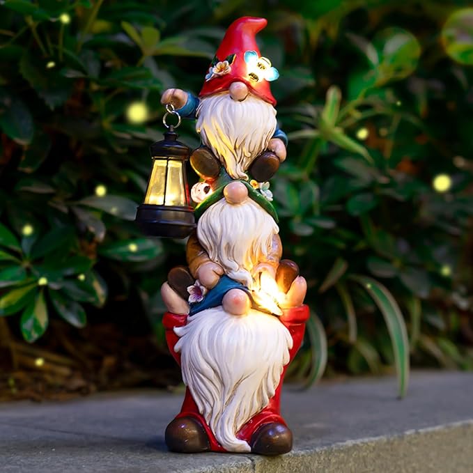 Garden Gnome Statue with Solar Lights Large Garden Sculptures Funny Triple Gnome Outdoor Patio Lawn Yard Balcony Garden Home Decor Gifts for Women Mom 12 in Spring Summer Gnomes Outdoor-VerdiqueGarden