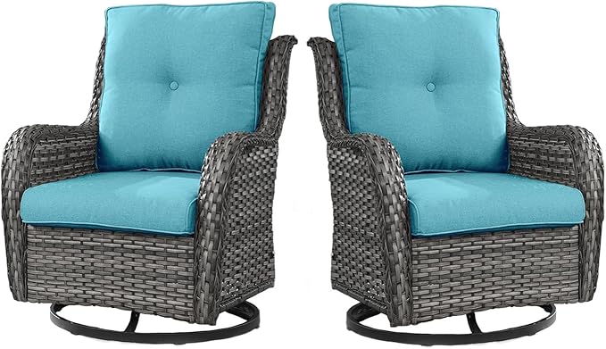 Outdoor Swivel Rcoker Wicker Chairs - Swivel Patio Chairs Set of 2 Patio Furniture Sets with Covered Cushion for Porch Deck Balcony Backyard, Turquoise Cushion-VerdiqueGarden