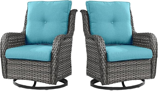 Outdoor Swivel Rcoker Wicker Chairs - Swivel Patio Chairs Set of 2 Patio Furniture Sets with Covered Cushion for Porch Deck Balcony Backyard, Turquoise Cushion-VerdiqueGarden