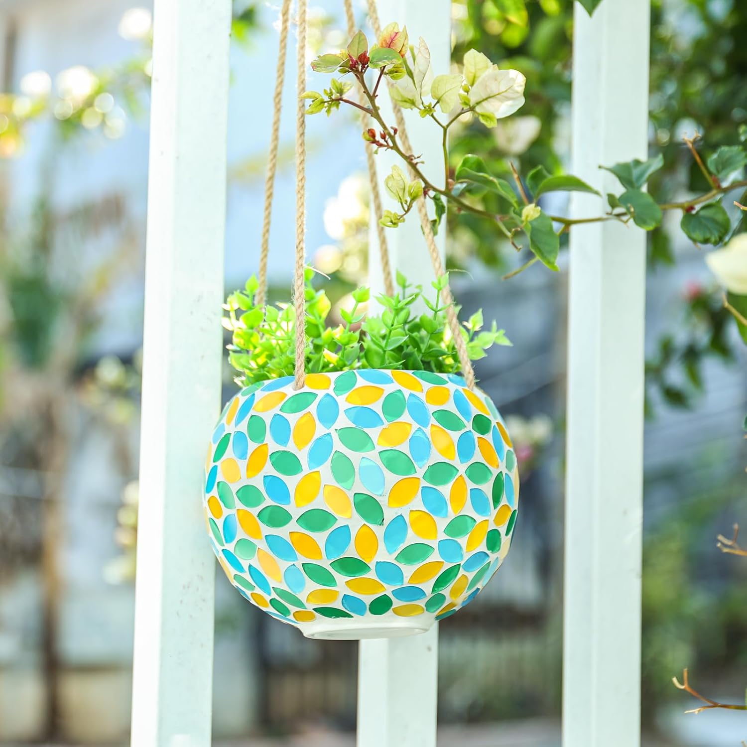 Hanging Planter Mosaic Garden Pot Small Flower Pot for Indoor Plant Disco Ball Hanging Planter with Drainage Green Yellow-VerdiqueGarden