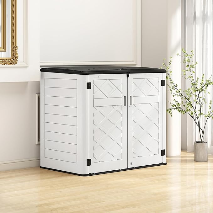 HOMSPARK Storage Shed Weather Resistance, Multi-Purpose Outdoor Storage Cabinet for Backyards and Patios, Horizontal Storage Shed for Lawnmower, Patio Accessories (Off-White, Large - 48 cu.ft)-VerdiqueGarden