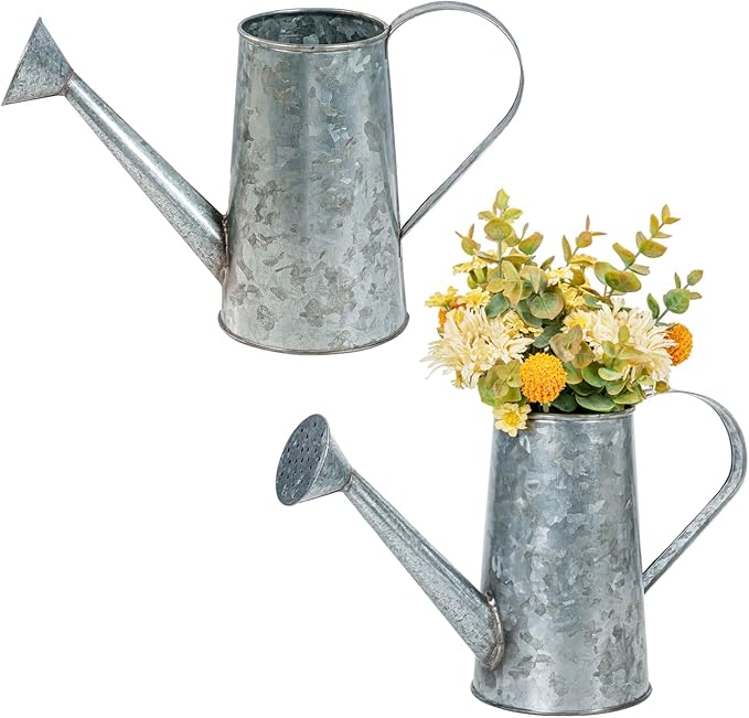 MyGift 7 Inch Small Rustic Galvanized Metal Decorative Vases in Vintage Style Watering Can Design for Dried Flowers and Artificial Plants, Set of 2 - Handcrafted in India-VerdiqueGarden