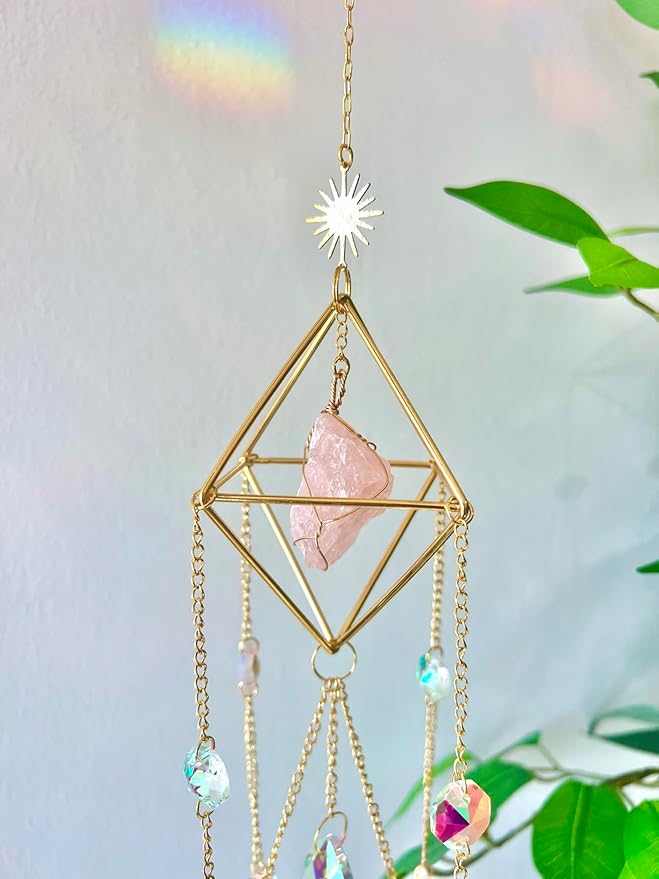 Crystal Suncatcher Rose Quartz, Spiritual, Sun Catcher Hanging for Windows, Rainbow Maker, Crystal Indoor Garden Home Decor, Natural Gemstone Boho Decor (Rose Quartz)-VerdiqueGarden