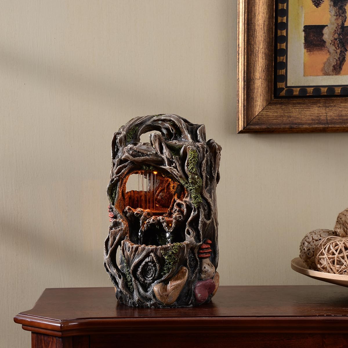 Tabletop Water Fountain, Home Décor Soothing Sound Machine with Automatic Pump, Nature Tree Stump Resin and for Indoor Zen Relaxation for Office, Living Room, or Bedroom Décor-VerdiqueGarden