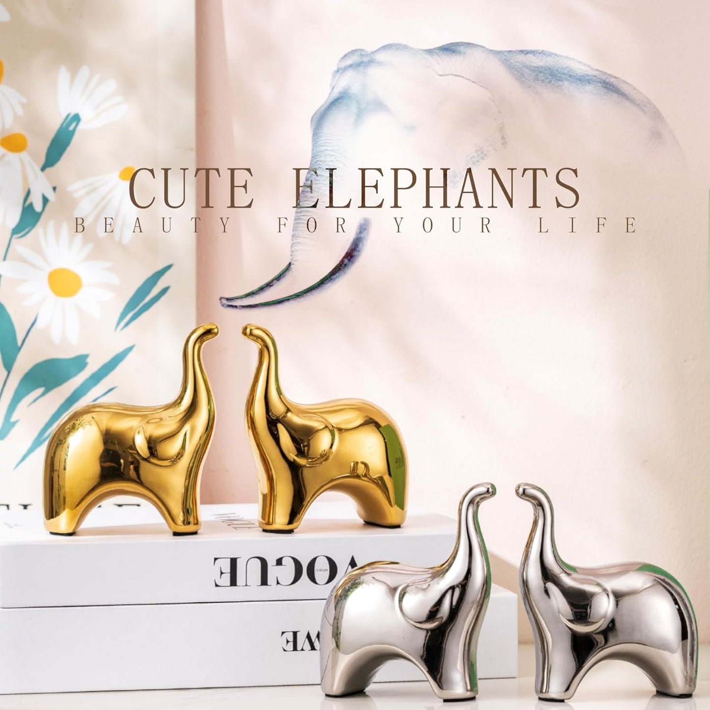 Loving Pair of Small Cute Silver Elephant Statues Silver Home Decor Modern Boho Style Figurine Decorative Ornaments for Living Room, Bedroom, Office Desktop, Cabinets, Shelf-VerdiqueGarden