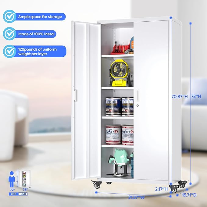 73" H Metal Garage Storage Cabinet with Wheels,Rolling Tool Storage Cabinet with 2 Doors and 4 Adjustable Shelves for Garage,Home,Office,Warehouse,Workshop, Required-Assembly,White-VerdiqueGarden