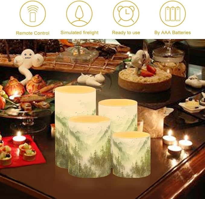 LED Flameless Candles Set Battery Operated Candles Pack of 4 with Remote Control Timer Dancing Flame Pillar Candles for Indoor Home Desktop Decoration, Mountain Tree Green-VerdiqueGarden