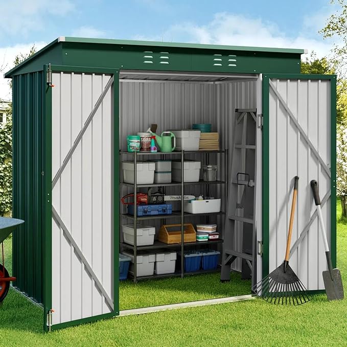 Gizoon 6' x 4' Outdoor Storage Shed with Double Lockable Doors, Anti-Corrosion Metal Garden Shed, Waterproof Shed Outdoor Storage Clearance for Backyard Patio Lawn-Green-VerdiqueGarden