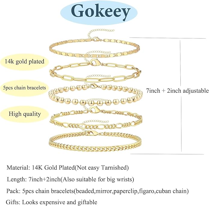 Gold Bracelets Set for Women Non Tarnish Trendy,14K Gold Plated Dainty Stackable Paperclip Cuban Link Chain Bracelets, Simple Cute Cuff Bracelets Jewelry Set Adjustable 7"+2"