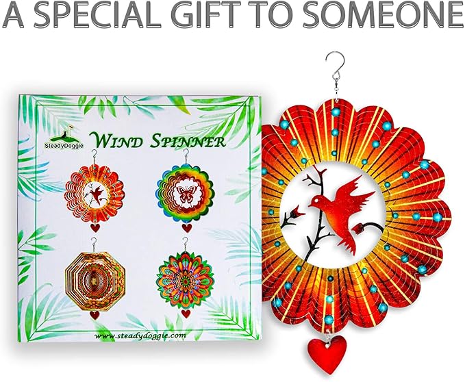 SteadyDoggie Wind Spinner - 12-Inch 3D Stainless Steel Lovebird Design with Heart Pendant - Laser Cut Metal Art Geometric Pattern - Hanging Kinetic Yard Garden Decor-VerdiqueGarden