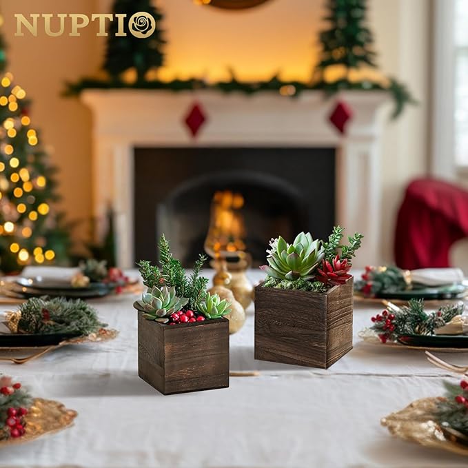 NUPTIO Wooden Box for Centerpiece Wedding: 12 Pcs Rustic Square Planter Box for Christmas Centerpiece Table Fall Decorations - 4×4" & 5×5" Small Wood Vases Flower Pots for Windowsill Home Garden Decor-VerdiqueGarden