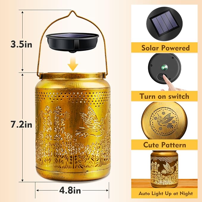 Hyrion Hummingbird Solar Lanterns Outdoor Waterproof Metal Hanging Lights, Garden Decor Gifts for Women, Mom, Grandma Solar Decorations for Yard, Patio, Backyard, Porch, Lawn, Tabletop, Walkway-VerdiqueGarden