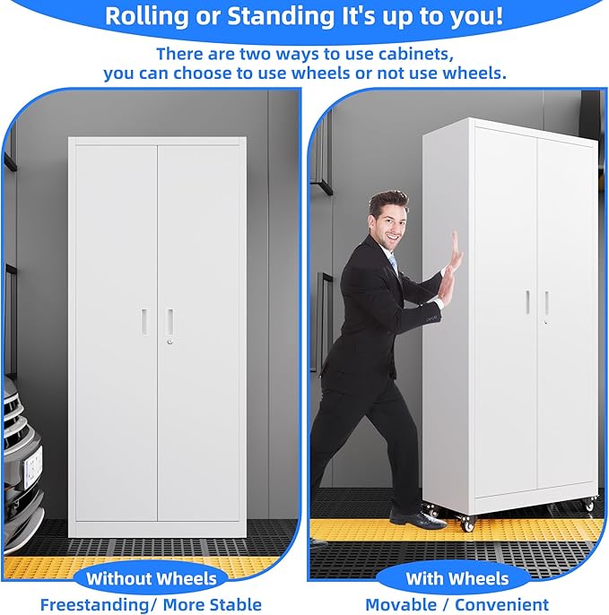 73" H Metal Storage Cabinet with Wheels, Pegboard and 4 Hooks, Garage Storage Cabinet with 4 Adjustable Shelves and 2 Lockable Doors for Garage Home Office, Basement, Assembly Required, White-VerdiqueGarden