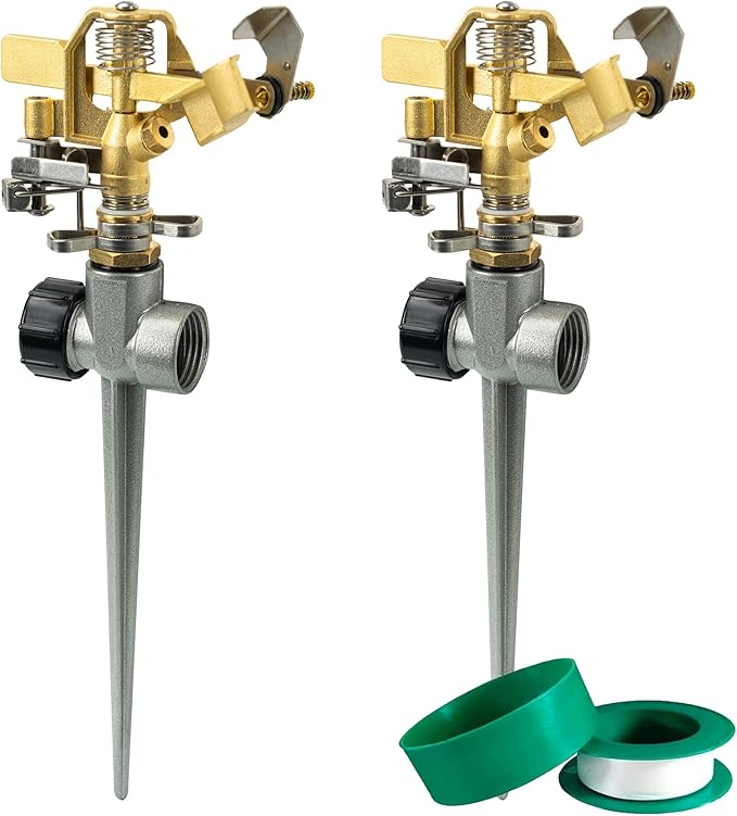Hourleey 2 Pack Impact Lawn Sprinklers for Yard, Heavy Duty Water Sprinkler Head with Aluminum Alloy Spike Base, Adjustable Pulsating Sprinkler for Large Area Lawn Patio Garden-VerdiqueGarden