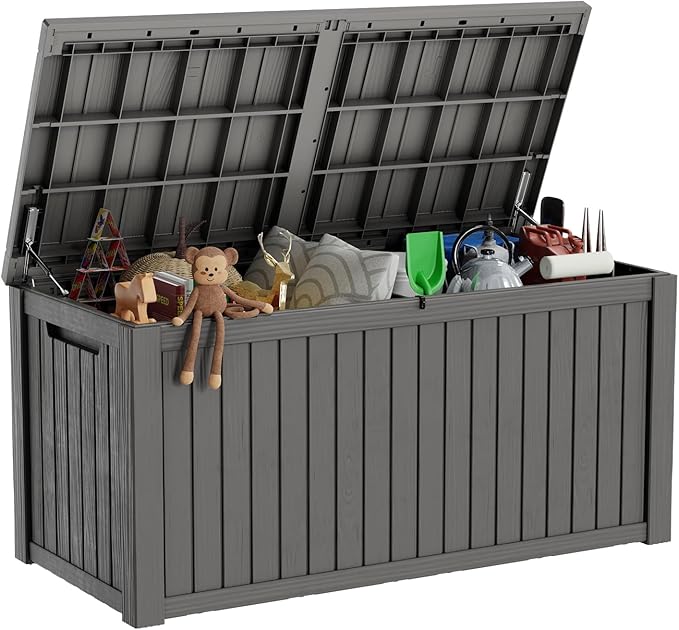 180 Gallon Deck Box,Resin Outdoor Storage Box with Lockable for Patio Furniture, Pool Accessories, Garden Tools Waterproof Outside Storage Box, Grey-VerdiqueGarden