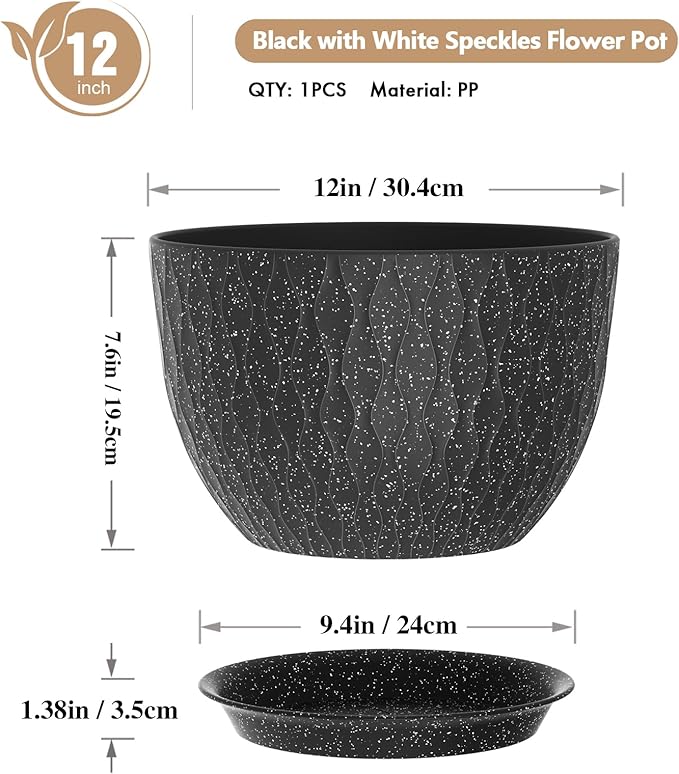 12 Inch Wide Water Ripples Flower Pots for Indoor or Outdoor Plants, Large Plant Pots with Drainage Holes & Saucer, Plastic Planters Set for Garden & Home Decor (Black with White Speckles)-VerdiqueGarden