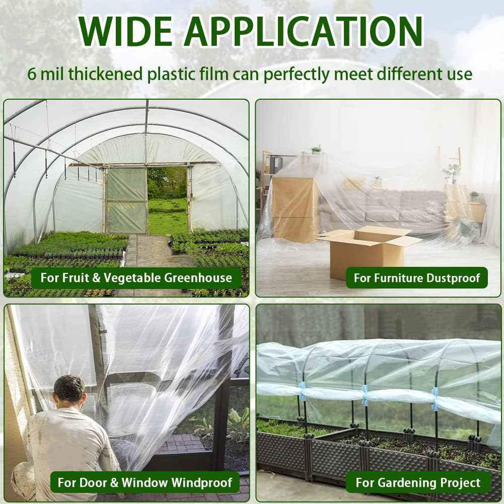 6 mil Greenhouse Plastic Film Sheeting Cover 12 x 26 Ft UV Resistant Clear Polyethylene Film Green House Hoop Farm Plastic Cover for Gardening, Farming, Agriculture-VerdiqueGarden