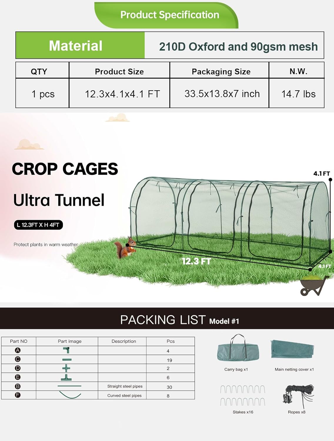 Poray Large 12.3X4FT Tunnel Plant Netting Cover,4.1FT Tall Crop Cage Tomato Netting for Vegetables&Fruits,Durable Gardening Net for Plant and Animals-VerdiqueGarden