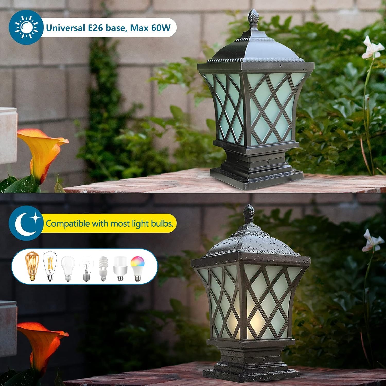 Outdoor Column Lights, 18.9″ Modern Column Lamp IP54 Waterproof Glass Post Light Outdoor E26 Aluminum Fence Post Light Fixtures for Villa Garden Park Lighting Black Pillar Lights-VerdiqueGarden