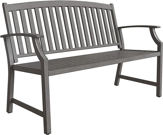 Grand patio 52" Farmhouse Outdoor Bench, Garden Benches with Rust Free Metal Powder Coated Frame and Aluminum Backrest, Faux Wood Grain Finish Frame Patio Bench for Front Porch, Weathered Grey-VerdiqueGarden