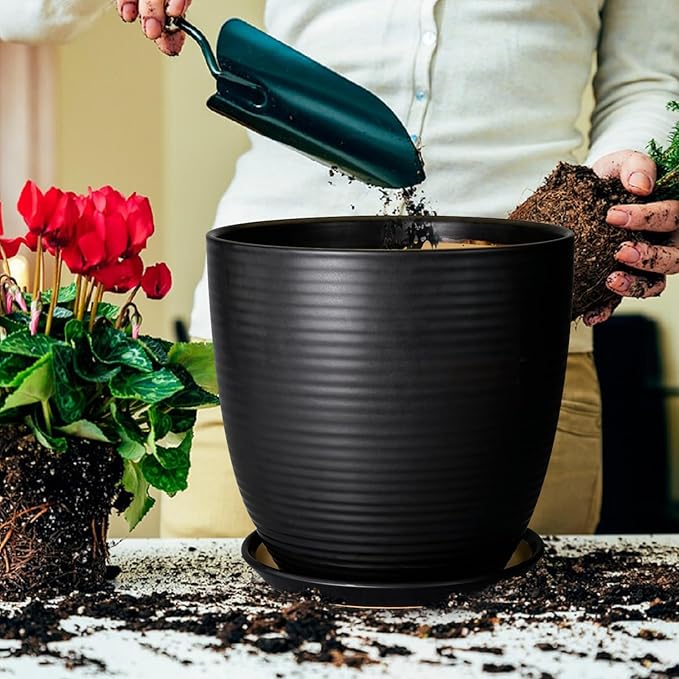 12 Inch Pots for Plants - Ceramic Planter Pot, Large Flower Pot with Drainage Hole and Saucer for Home Patio Garden Office Indoor Outdoor, Black-VerdiqueGarden
