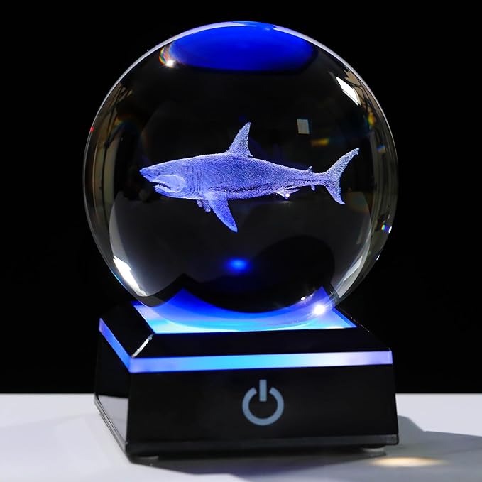 Shark Gifts for Women Men 3D Crystal Ball 3.14'' - Laser Shark Decor Glass Animals Figurines Statue Stuff for Room Night Light Shark Gifts for Mom-VerdiqueGarden