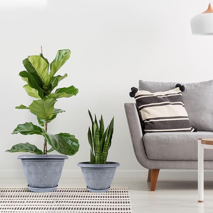 10 Inch Flower Pots Planters for Indoor Outdoor Plants, 3 Pack Plastic Large Plant Pots with Drainage Hole & Tray, Modern Decorative Garden Pot with Saucer, Plant Container for House-VerdiqueGarden