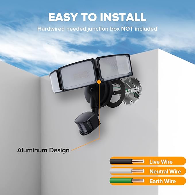 LUTEC 72W 7500LM LED Security Lights Motion Sensor Light Outdoor, 5000K Daylight, IP65 Waterproof, Dusk to Dawn, 3-Head Motion Detected Flood Light for Garage, Yard, Porch(Black)-VerdiqueGarden