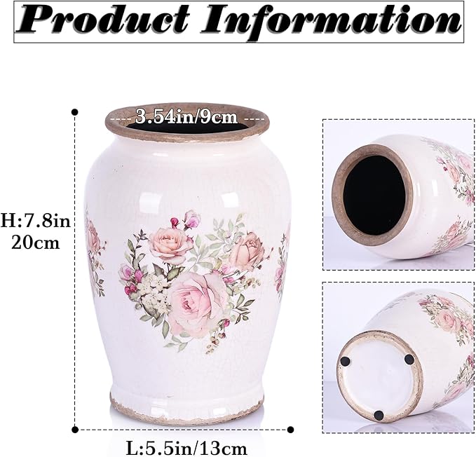 Vintage Vase for Flowers,Pink Chinoiserie Ceramic Vase,Rustic Farmhouse Cracked Vases,for Flower Arrangement,Living Room, Office, Shelf, Fireplace Tables,Centerpieces,Chinoiserie Pottery Decor(A)-VerdiqueGarden