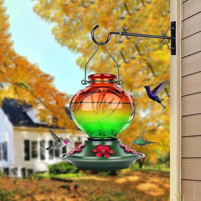 BOLITE Hummingbird Feeder, Glass Hummingbird Feeders for Outdoors Hanging, 22 Ounce, Five Feeding Ports with Perch, Peony Flower Shape, Orange and Green, Gifts for Women Men, Gifts for Mom Dad-VerdiqueGarden