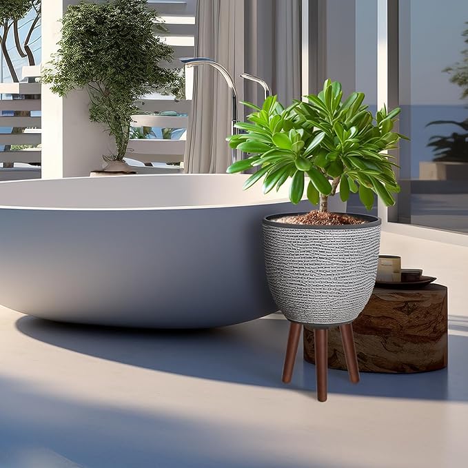 12 Inches Plant Pot with Stand, Large Decorative Standing Planters with Drainage Holes for Indoor Plants, Modern Gray Flower Pots with Legs-VerdiqueGarden