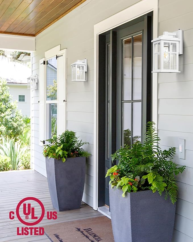 White Outdoor Wall Lights, Dusk to Dawn Exterior Lighting Fixtures, Waterproof Outside Lights for House, Garage, Garden, Entryway, Doorway, Anti-Rust, Modern Style, Tempered Glass-VerdiqueGarden