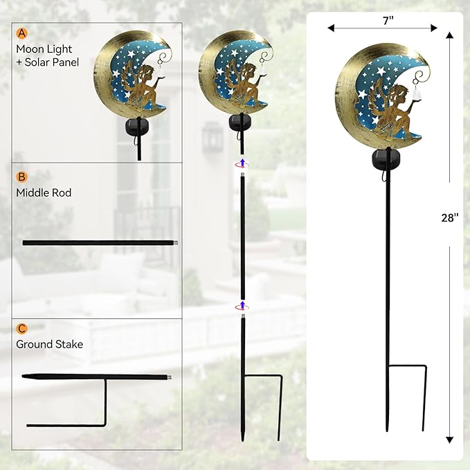 Solar Angel Moon Garden Stake Light – Outdoor Metal Yard Decoration with Crystal Pendant, Waterproof LED Light for Patio, Pathway, Lawn – Rustic Gold & Blue-VerdiqueGarden