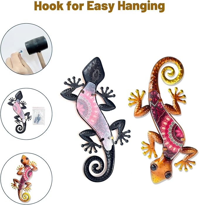 HONGLAND Metal Outdoor Wall Decor 2Pcs Gecko Wall Decoration Lizard Metal Hanging Wall Art Glass Sculpture for Garden Yard Patio Fence (Red)…-VerdiqueGarden
