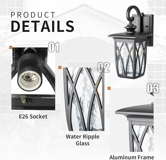 JYZ Dusk to Dawn Outdoor Wall Lantern, Craftsman Style Exterior Sconce Light with Water Ripple Glass, Traditional Porch Light Fixture Wall Mount Lamp for Front Porch Doorway Garage Patio Garden-VerdiqueGarden
