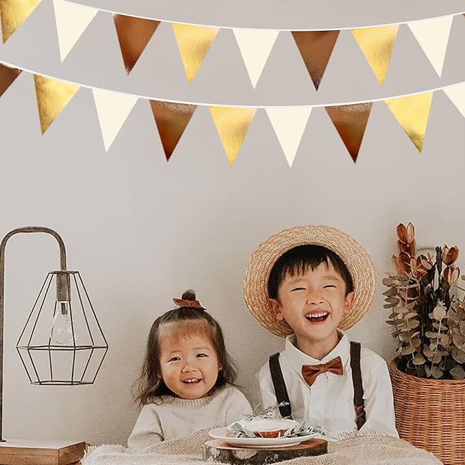 Brown Beige and Gold Party Decorations Fabric Triangle Pennant Banner Flag Bunting Garland for Boho Neutral Rustic Cowboy Western Teddy Bear Birthday Baby Shower Graduation Engagement Party Supplies-VerdiqueGarden