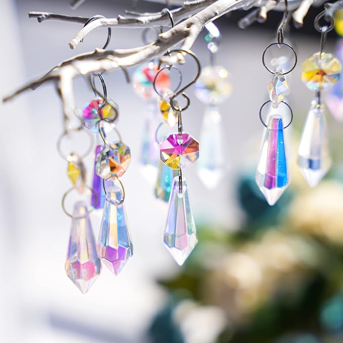 50pcs Colorful Crystal Icicle Prisms for Chandeliers, 38mm Chandelier Crystals Glass Prisms Pendants, Chandelier Crystals Replacement Parts with Octogan Beads for Wedding,Party Decoration-VerdiqueGarden