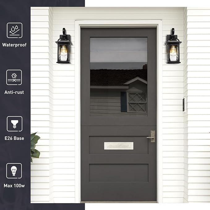 zeyu 2 Pack Outdoor Wall Lamps, 15-inch Black Exterior Light Fixtures for Patio House, Die-Cast Aluminum with Water Ripple Glass, Black Finish, ZD100B-2PK BK-WP-VerdiqueGarden