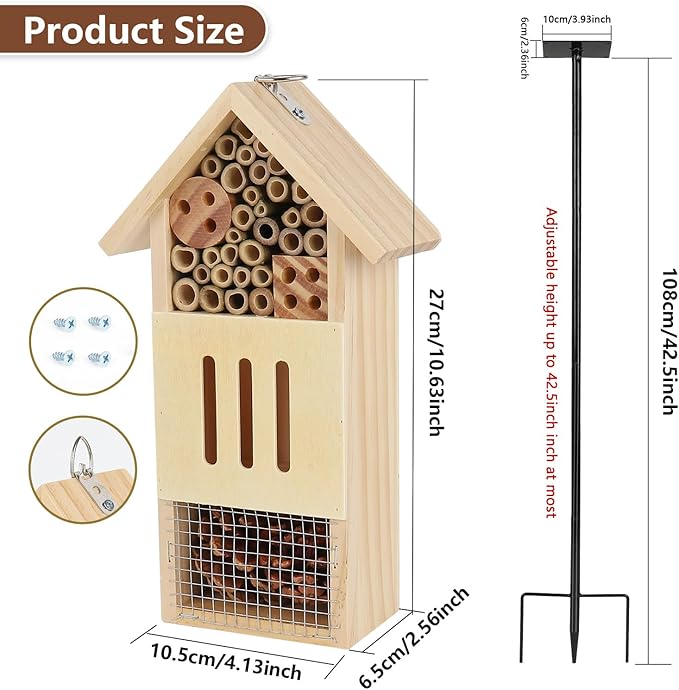 Wooden Insect House, Bee House with Metal Stake for Gardens, Insect Hotel & Butterfly Hotel on The Ground or Hanging on Tree Wall, Natural Insect Habitat for Bee, Butterfly, Ladybirds, Bugs-VerdiqueGarden