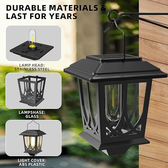 Solar Lanterns Outdoor Waterproof 2 Pack, Glass Auto On/Off LED Hanging Solar Lights, Outdoor Lantern with Wall Mount for Yard Fence Patio - Black-VerdiqueGarden
