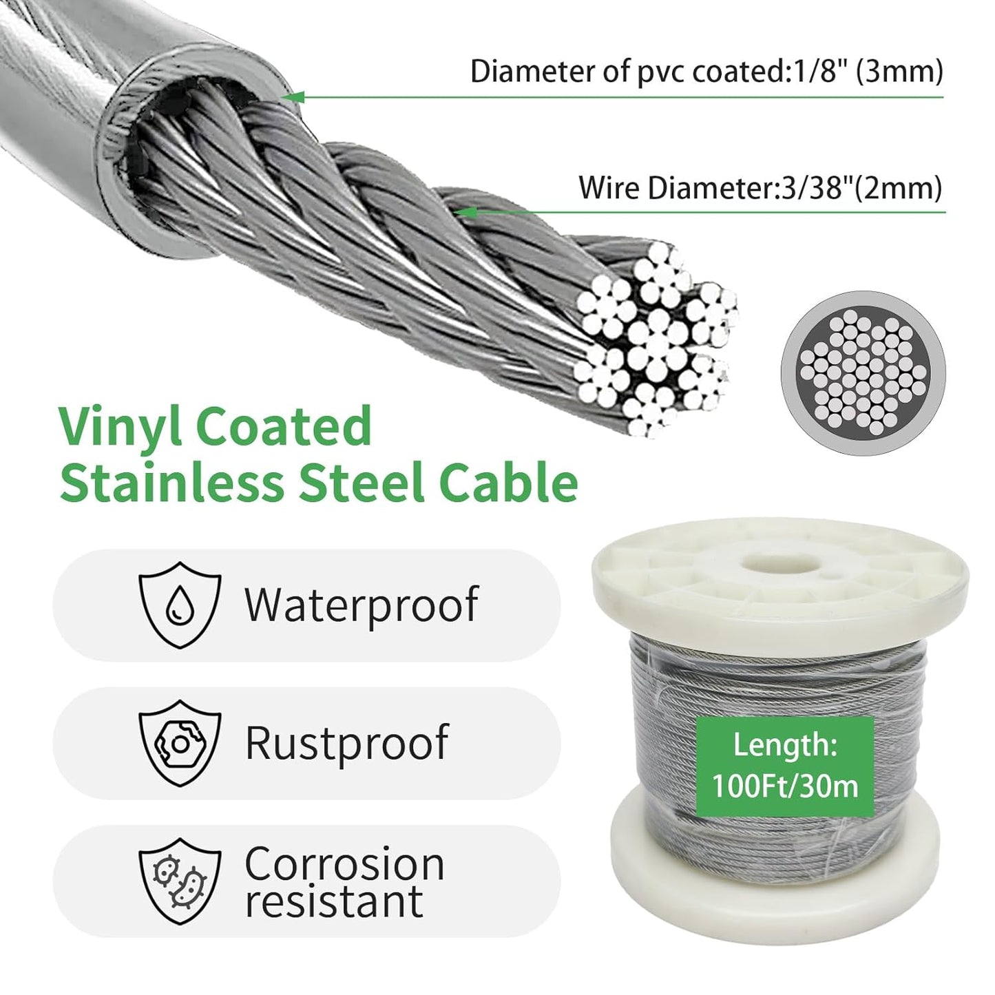 1/8" Wire Cable Rope Kit ，Vinyl Coated 304 Stainless Steel Wire – 100FT 7x7 Strand Cable with Turnbuckles，String Lights Hanging Kit for Outdoor, Garden,Patio, Crafts, Hanging Lights-VerdiqueGarden