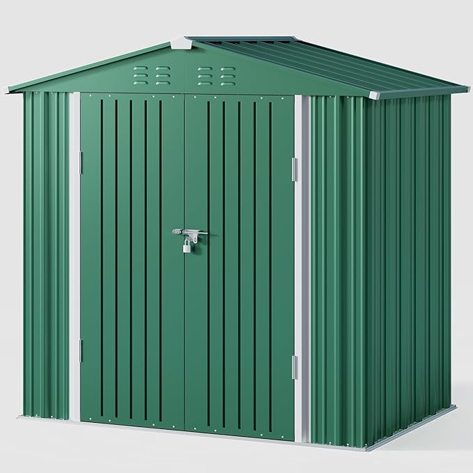 Gizoon Outdoor Storage Shed 6 x 4 FT, Galvanized Metal Garden Shed with Double Lockable Doors, Outdoor Storage Clearance for Backyard Patio Lawn-Green-VerdiqueGarden