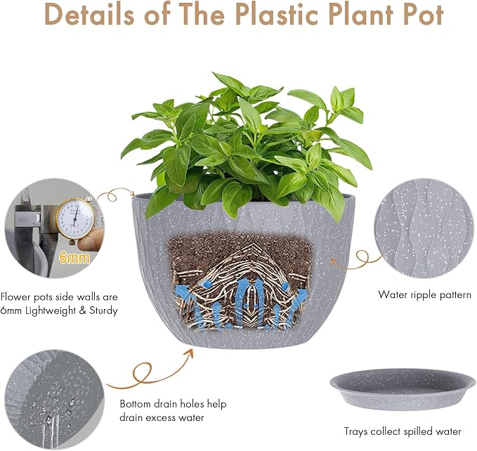 12 Inch Wide Water Ripples Flower Pots for Indoor or Outdoor Plants, Large Plant Pots with Drainage Holes & Saucer, Plastic Planters Set for Garden & Home Decor (Grey with White Speckles)-VerdiqueGarden