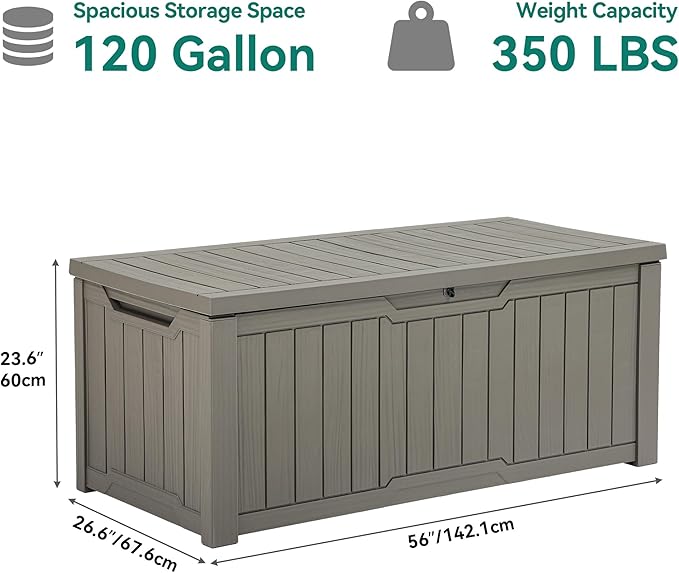 YITAHOME 120 Gallon Outdoor Storage Deck Box, Large Resin Patio Storage for Outdoor Pillows, Garden Tools and Pool Supplies, Waterproof, Lockable (Light Brown)-VerdiqueGarden