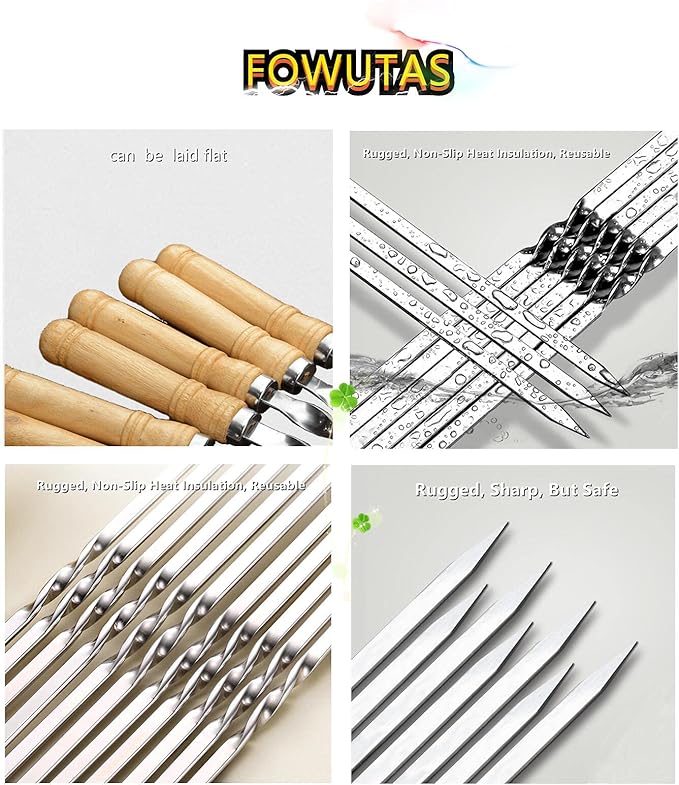 23.6" Large Size Kabob Skewers Flat Metal BBQ Barbecue Skewer Wooden Handle Stainless Steel Shish Kabob Stick Wide Reusable Grilling Set Meat Shrimp Chicken Vegetable Kebab Fork Sausage-12PCS-VerdiqueGarden