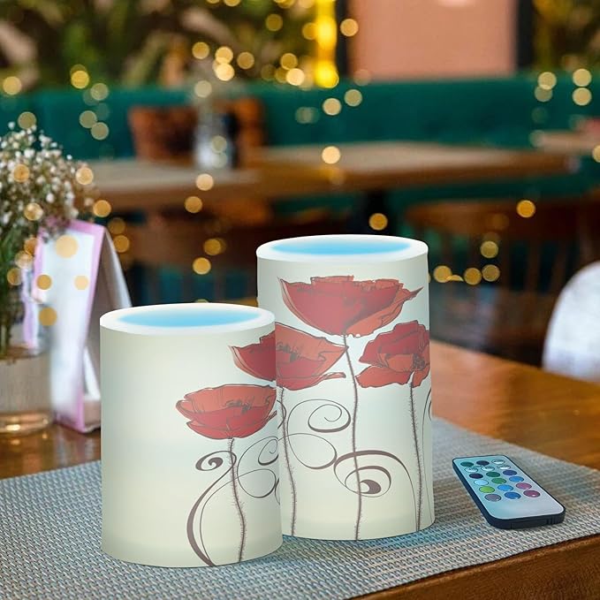 Flickering Flameless Candles, Red Poppy Flowers Retro LED Candles with Remote Timer, Set of 2 Battery Operated Candle for Valentine Wedding Birthday-VerdiqueGarden