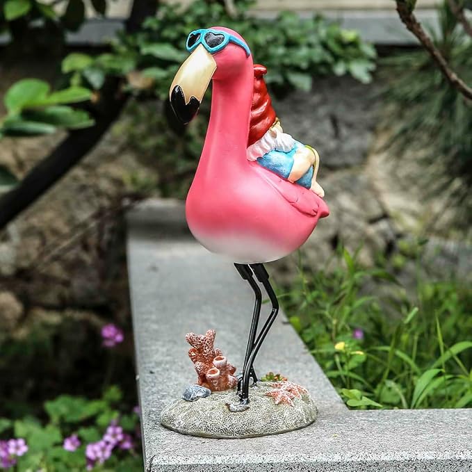 Gnome Garden Statue Funny Gnome Reclining on Flamingo Dwarf Figurines Resin Garden Gnomes Fall Decorations Outdoor for Patio Yard Lawn Porch Housewarming Ornament Gift-VerdiqueGarden