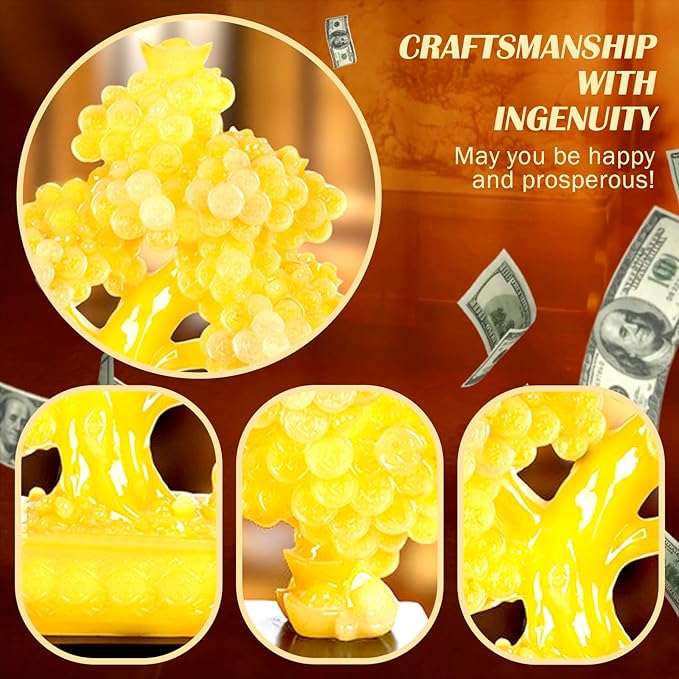 FENGSHUI-CAISHEN Top Resin Money Tree, Artificial Bonsai Tree, Handcrafted, Premium Quality, Feng Shui Gift for Abundance Luck and Success (Yellow)-VerdiqueGarden